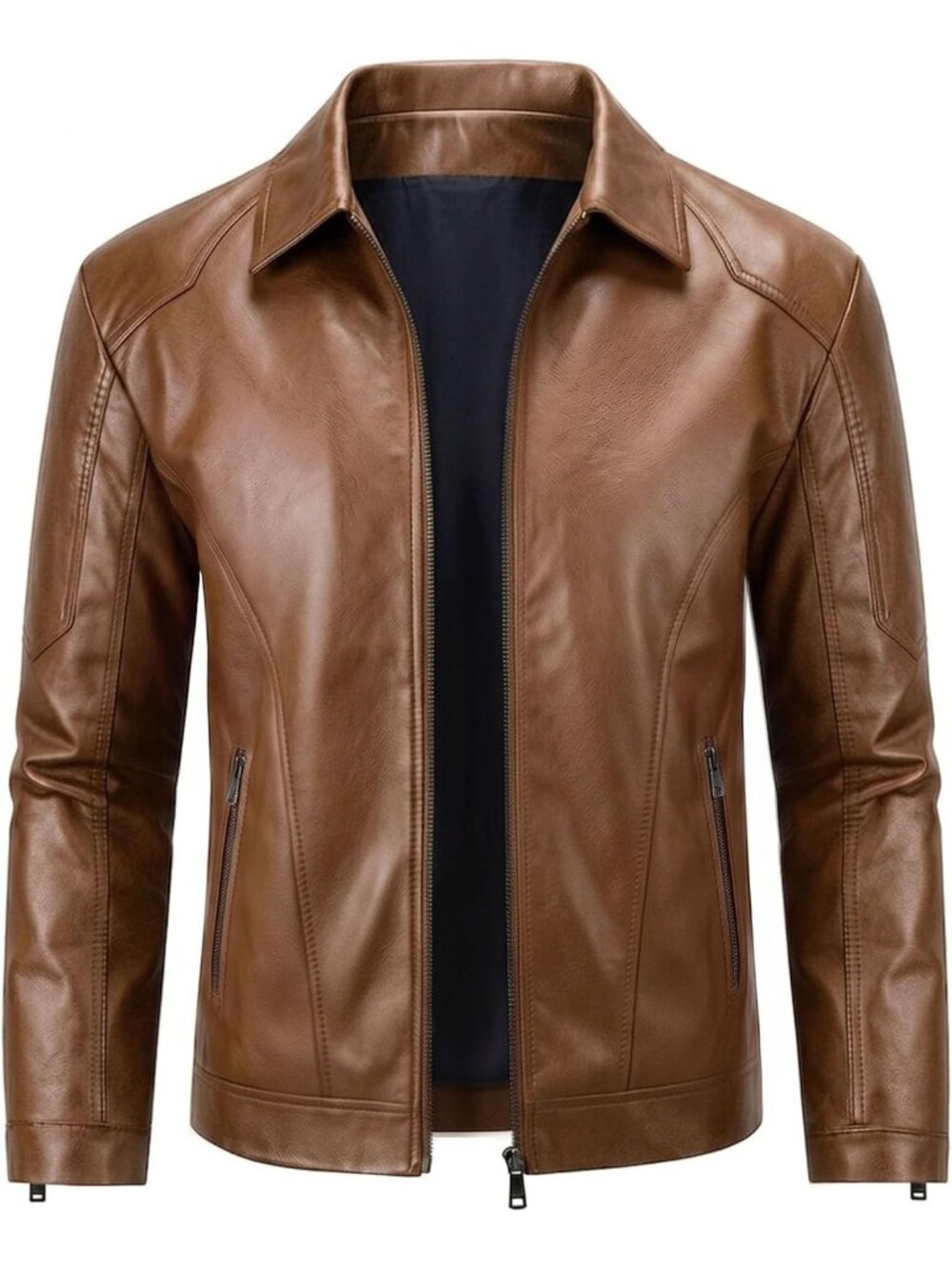 Men’s Brown Faux Leather Motorcycle Biker Jacket Turn Down Collar Zip Front Coat